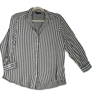 Jane Delancey Blouse Womens 1X Gray White Stretchy Seersucker Beachy Nautical